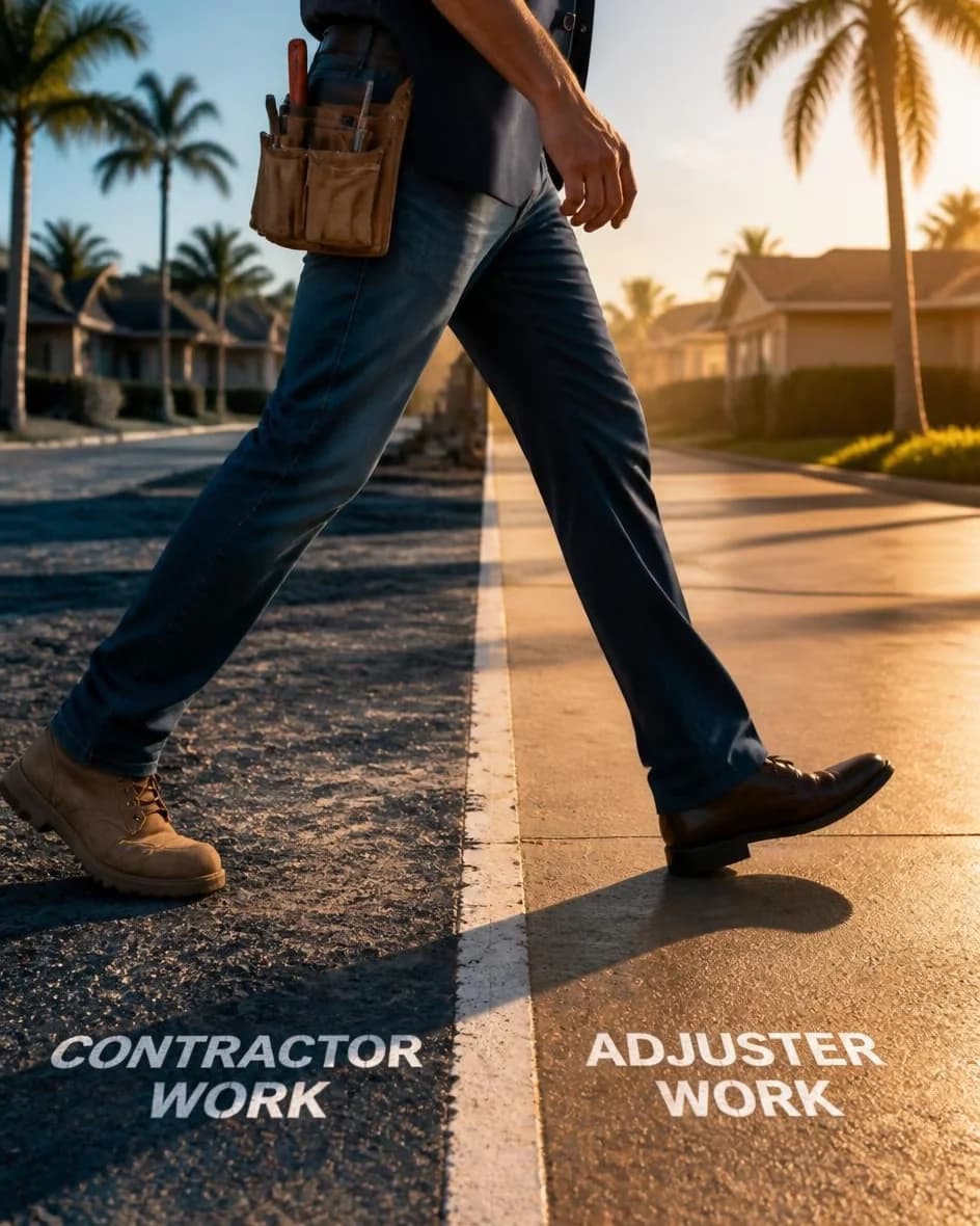 A Five Star adjuster walking a commercial property, the line between contractor work and adjuster work