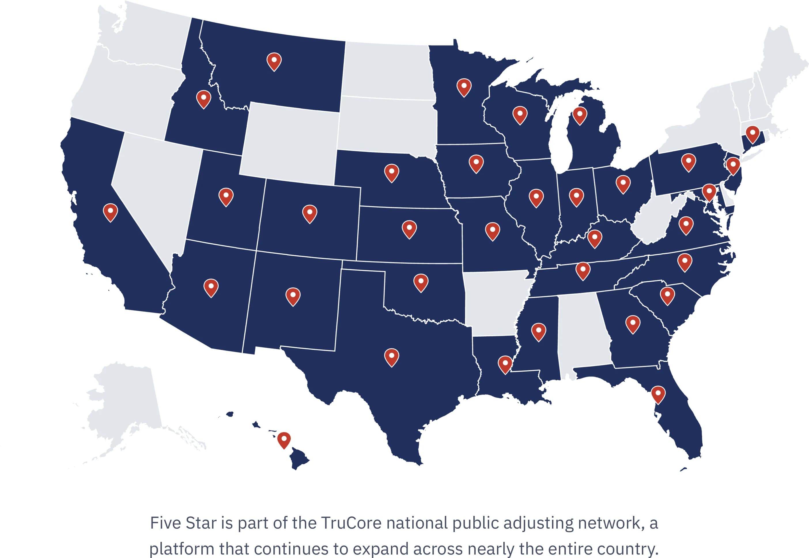Map of the United States highlighting the states covered by the TruCore national public adjusting network, which Five Star is part of